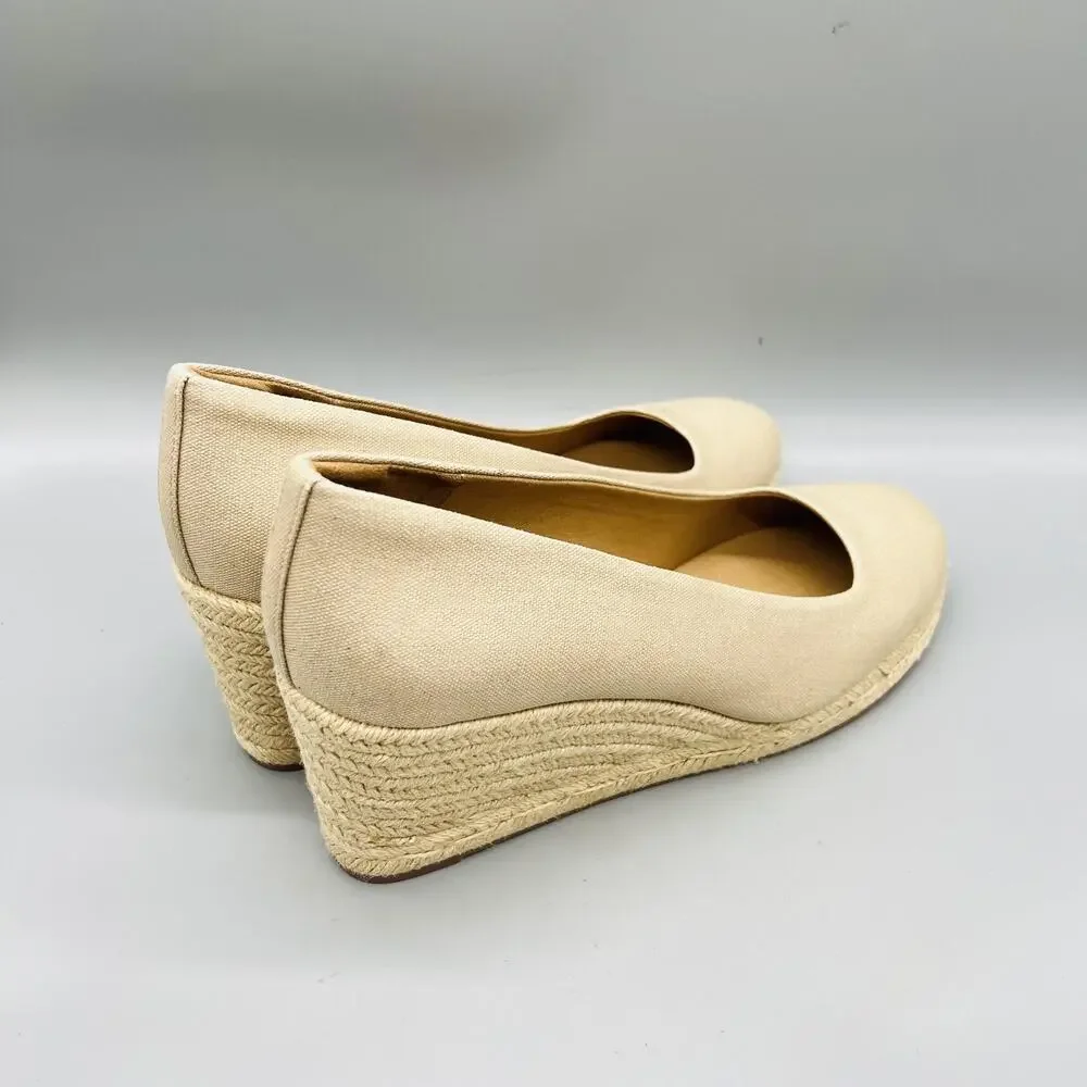 J Crew Shoes Womens 10 Beige Cotton Espadrille Wedge Heels Round Toe Slip On